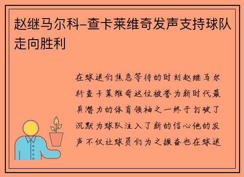 赵继马尔科-查卡莱维奇发声支持球队走向胜利